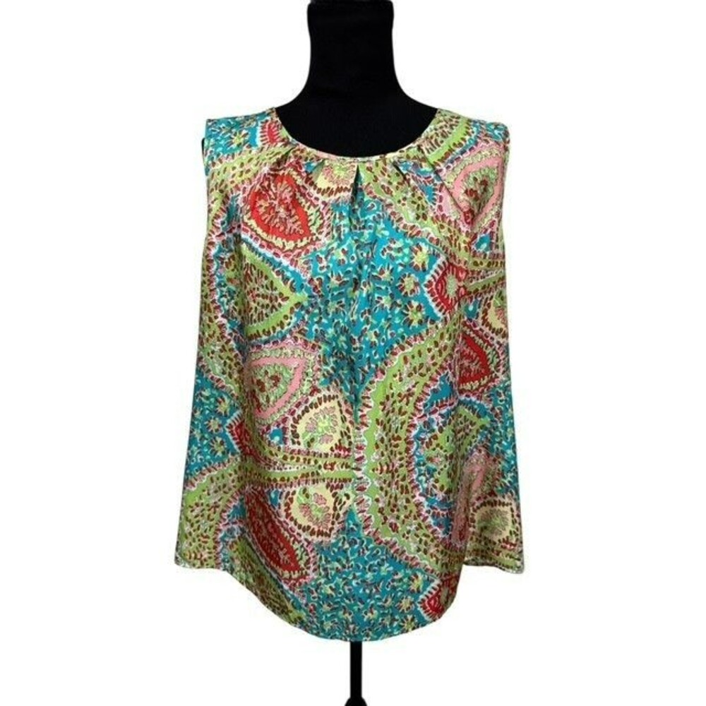 Talbots Womens Blouse Size 18W Green Paisley Sleeveless Pleated Neckline Buttons